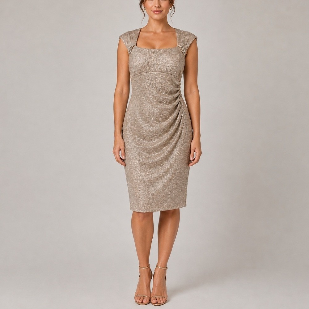 Xscape Cocktail Dress 4 Champagne Gold Metallic Ruched Rhinestone Detail